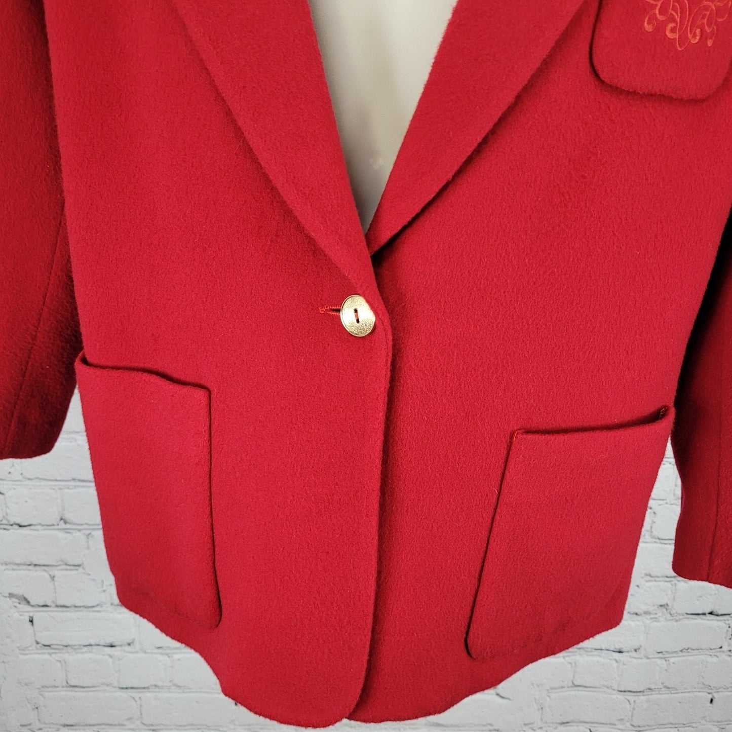 VTG Rafaella Red Wool Gold Button Embroidered Lined Jacket Italian Made Size 12