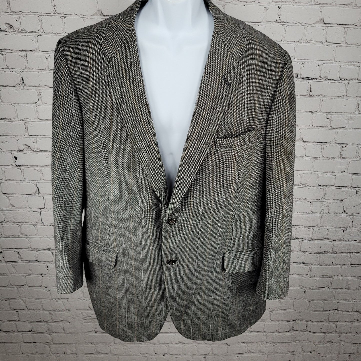 Neiman Marcus Oxxford Clothes Grey Merino Wool Check 2 Button Blazer Size 46L