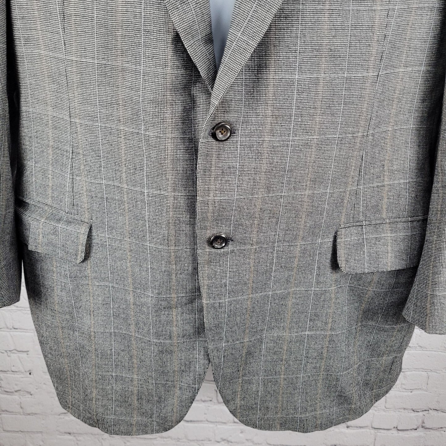 Neiman Marcus Oxxford Clothes Grey Merino Wool Check 2 Button Blazer Size 46L