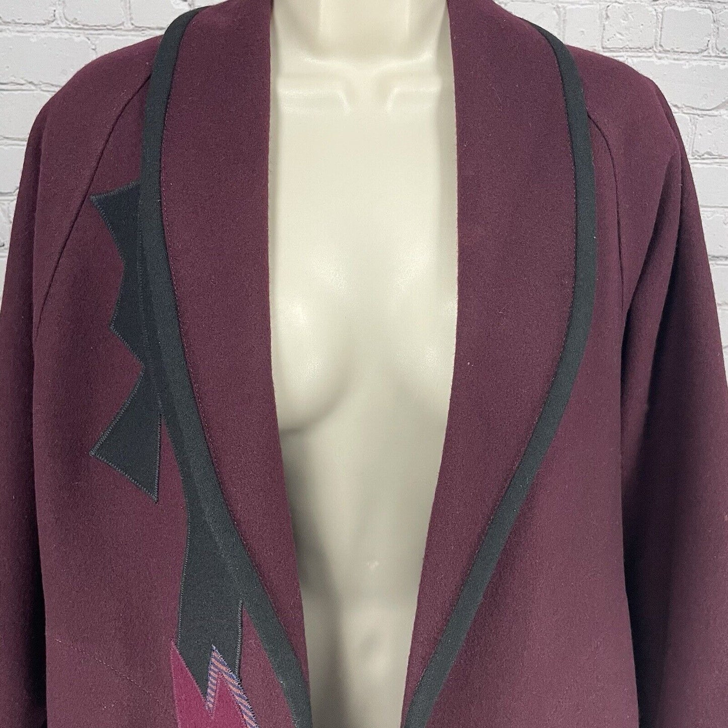 VTG Beppa Maroon Wool Wearable Art Deco 80’s Open Jacket Pockets Size Small S