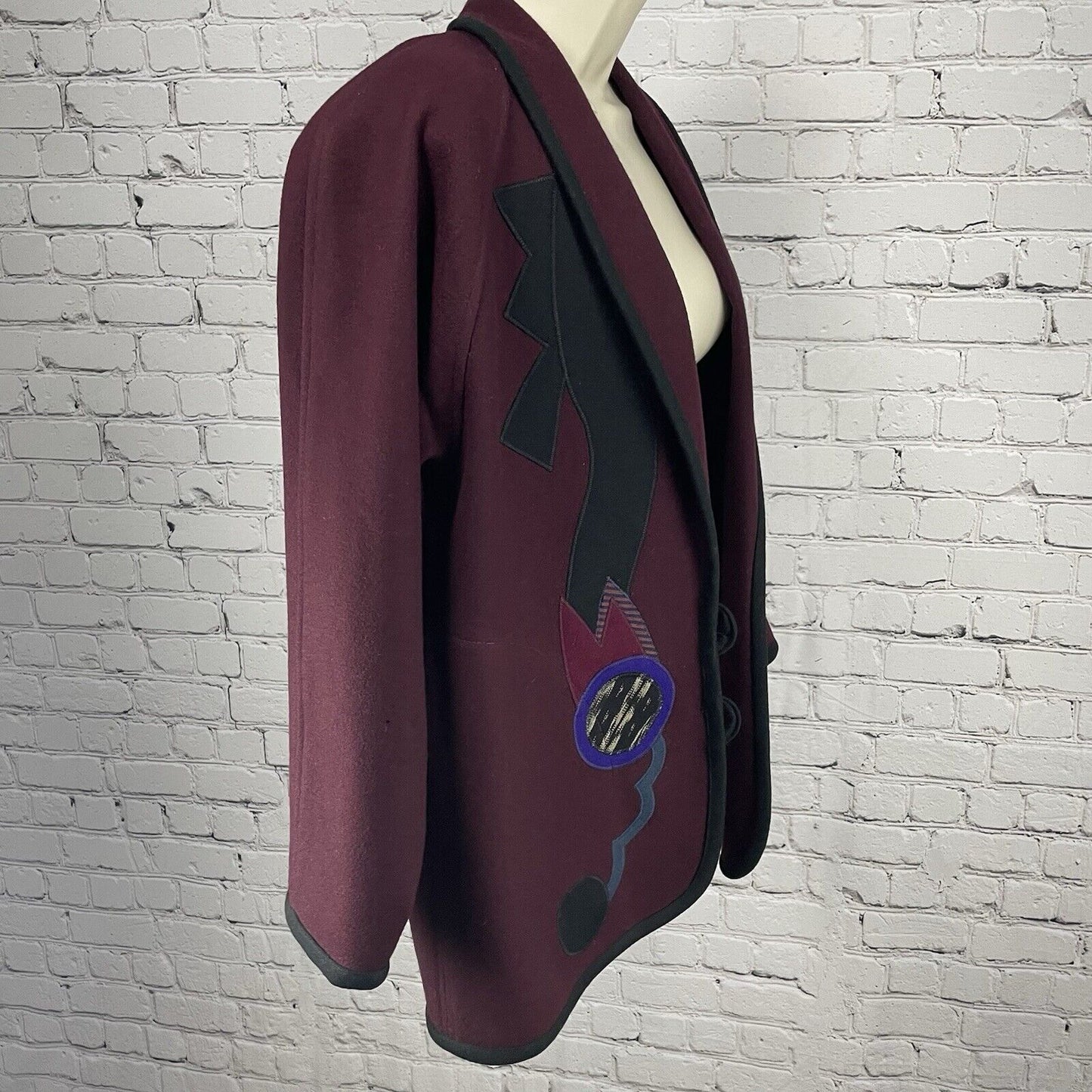 VTG Beppa Maroon Wool Wearable Art Deco 80’s Open Jacket Pockets Size Small S