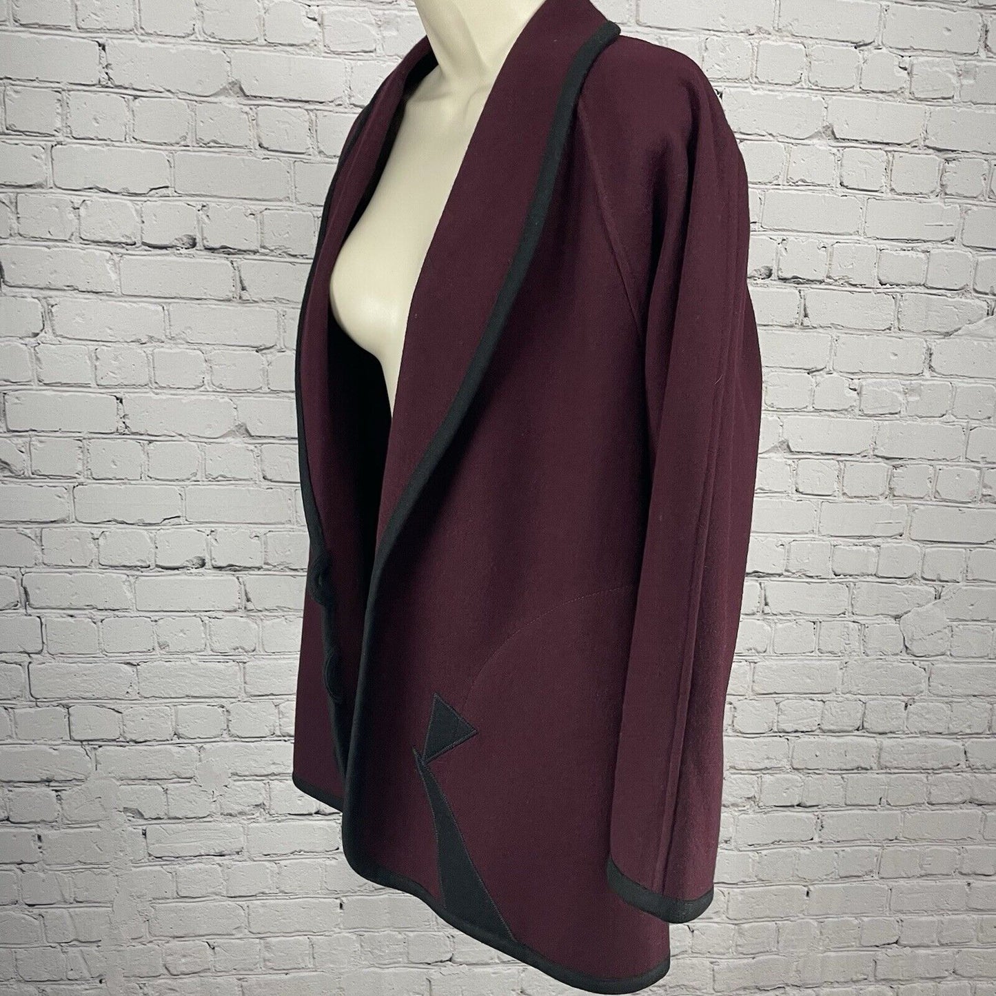 VTG Beppa Maroon Wool Wearable Art Deco 80’s Open Jacket Pockets Size Small S