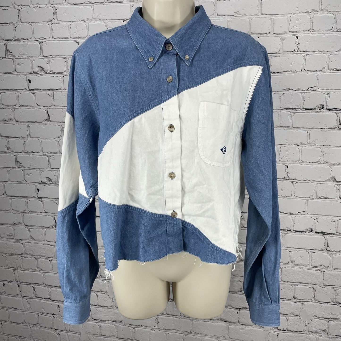 Roper Blue Chambray Button Down Western Raw Hem Long Sleeve Shirt Size XL