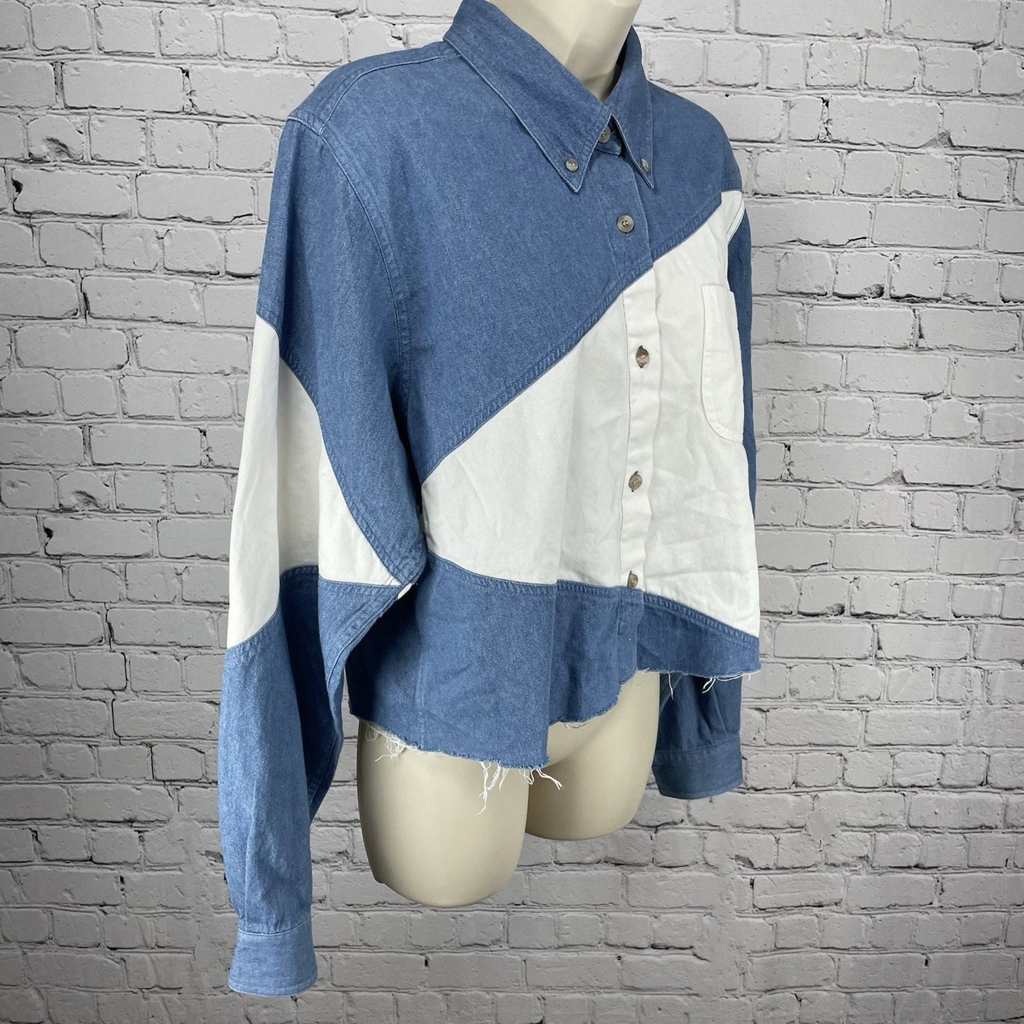 Roper Blue Chambray Button Down Western Raw Hem Long Sleeve Shirt Size XL