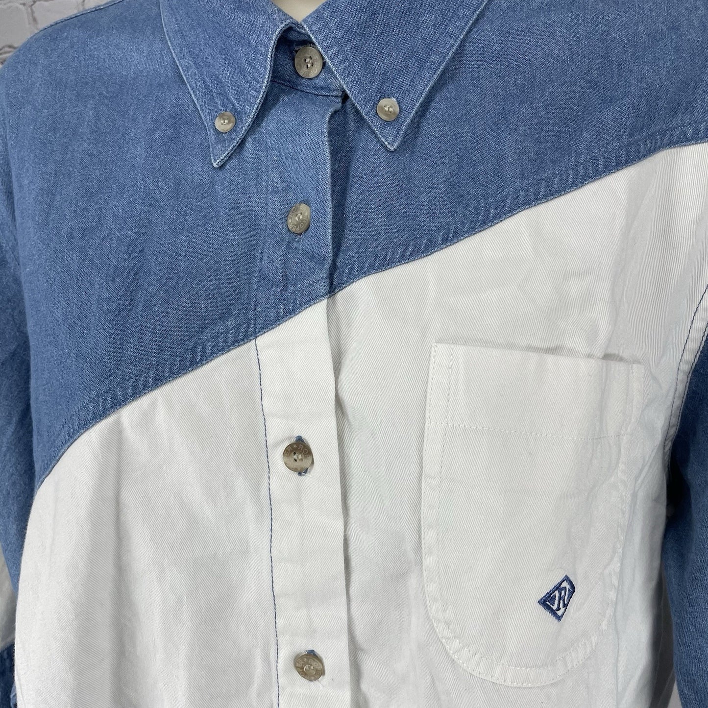 Roper Blue Chambray Button Down Western Raw Hem Long Sleeve Shirt Size XL