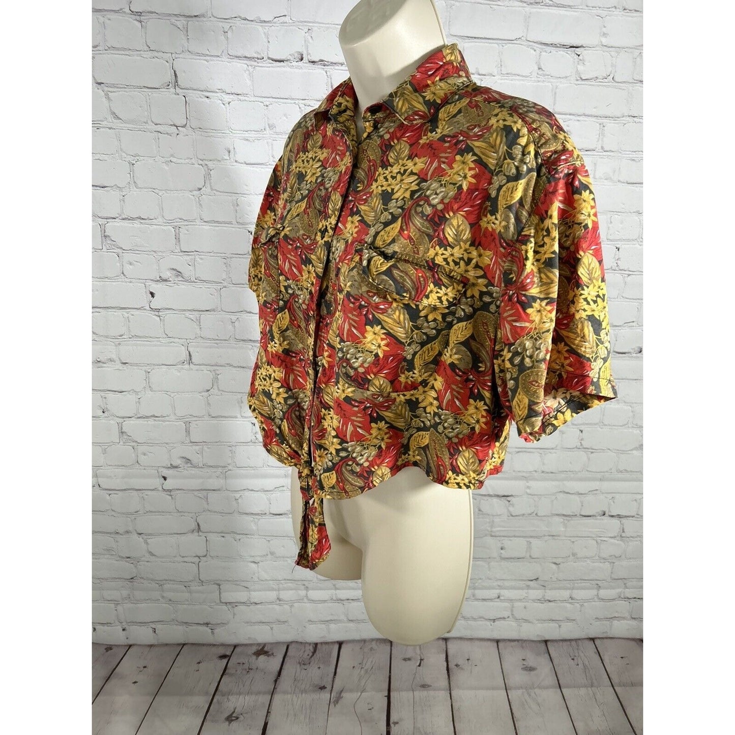 VTG Hunt Club Floral Cropped Tie Front Button Up Collared Short Sleeve Shirt M
