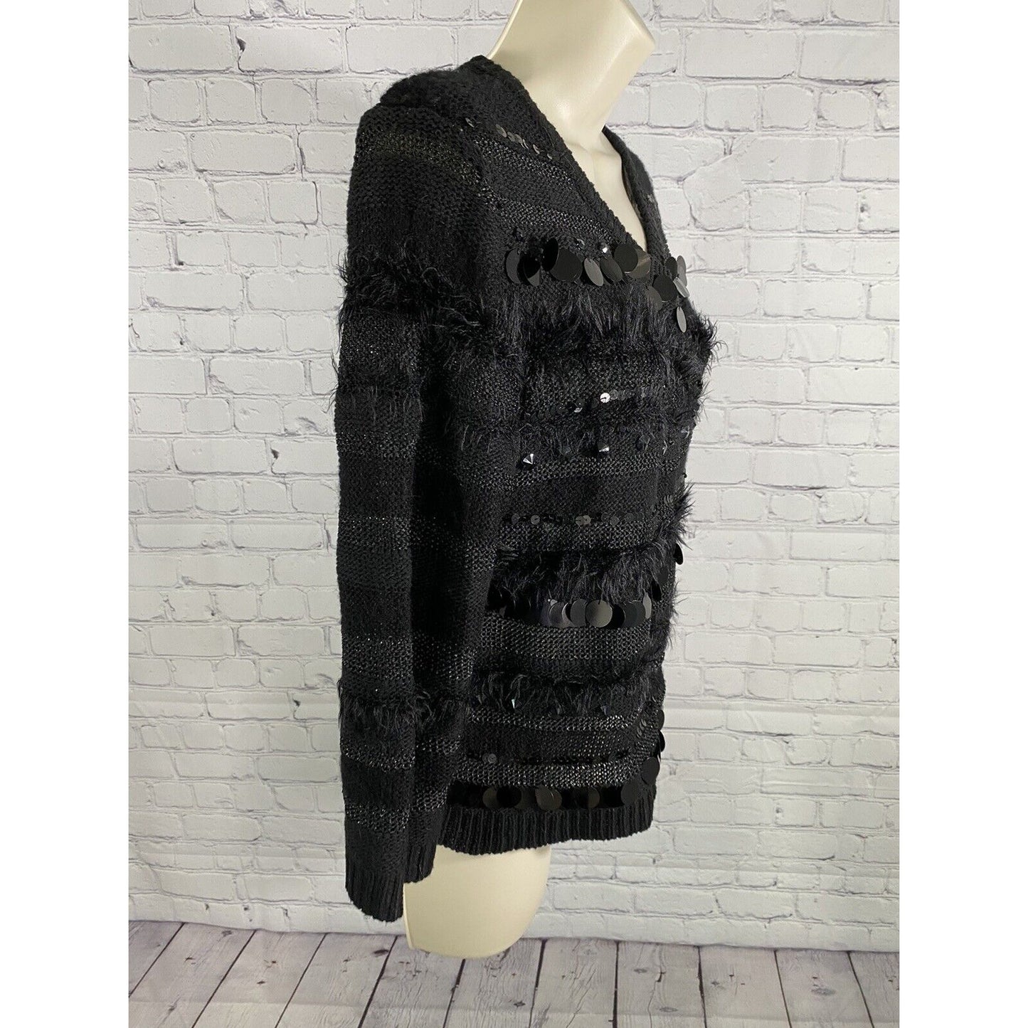 Ruby Rd. Petite Black Snap Up Beaded Sequined Fuzzy Knit Sweater Cardigan PM