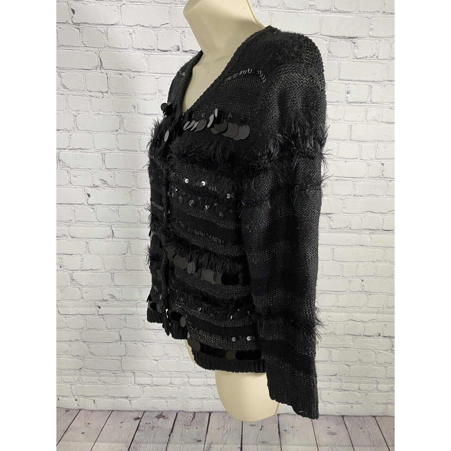 Ruby Rd. Petite Black Snap Up Beaded Sequined Fuzzy Knit Sweater Cardigan PM