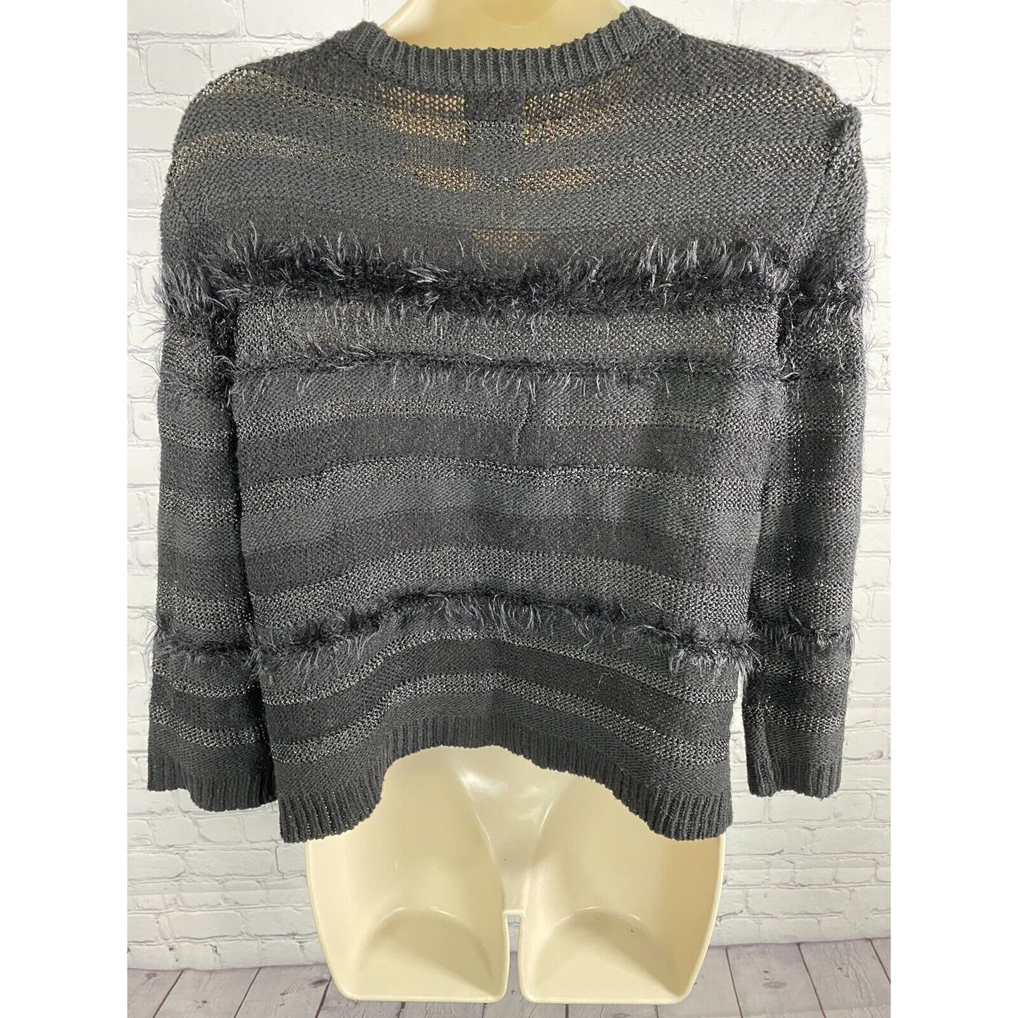 Ruby Rd. Petite Black Snap Up Beaded Sequined Fuzzy Knit Sweater Cardigan PM