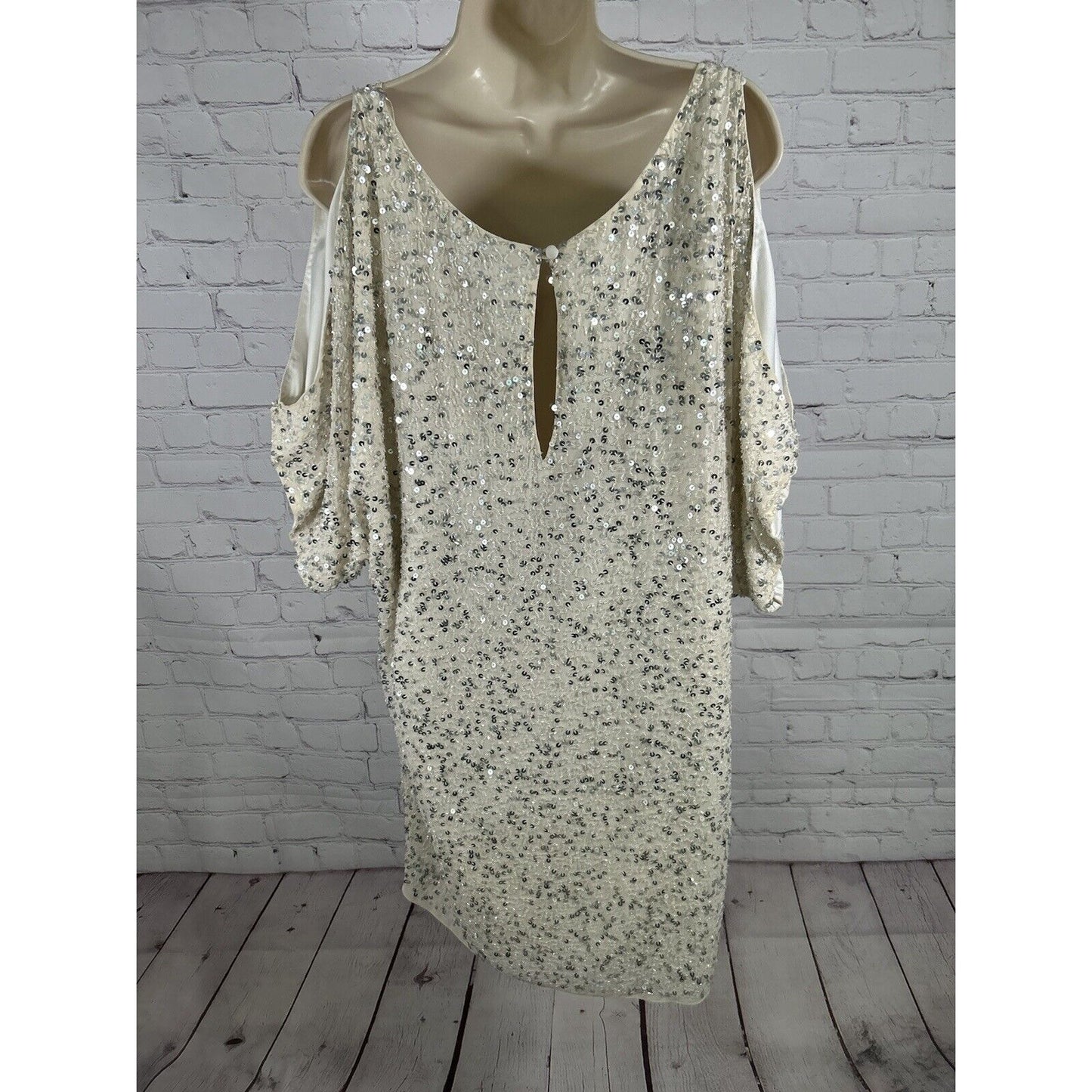 Aidan Mattox Ivory Silk Cold Shoulder Beaded Sequined Dress Size 10 *defects