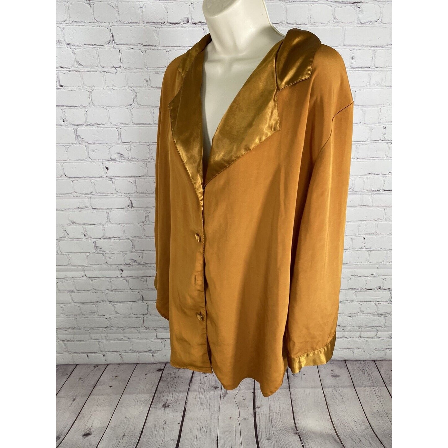 VTG Victorias Secret Gold Label Mustard Collar Long Sleeve Button Sleep Shirt M