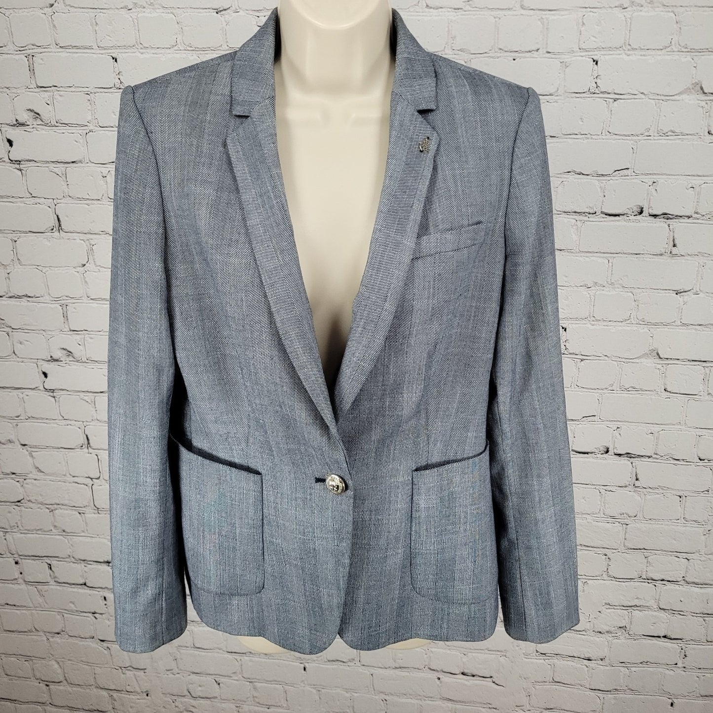 Tommy Hilfiger Blue Herringbone 1 Button Notch Vented Blazer Jacket Size 10