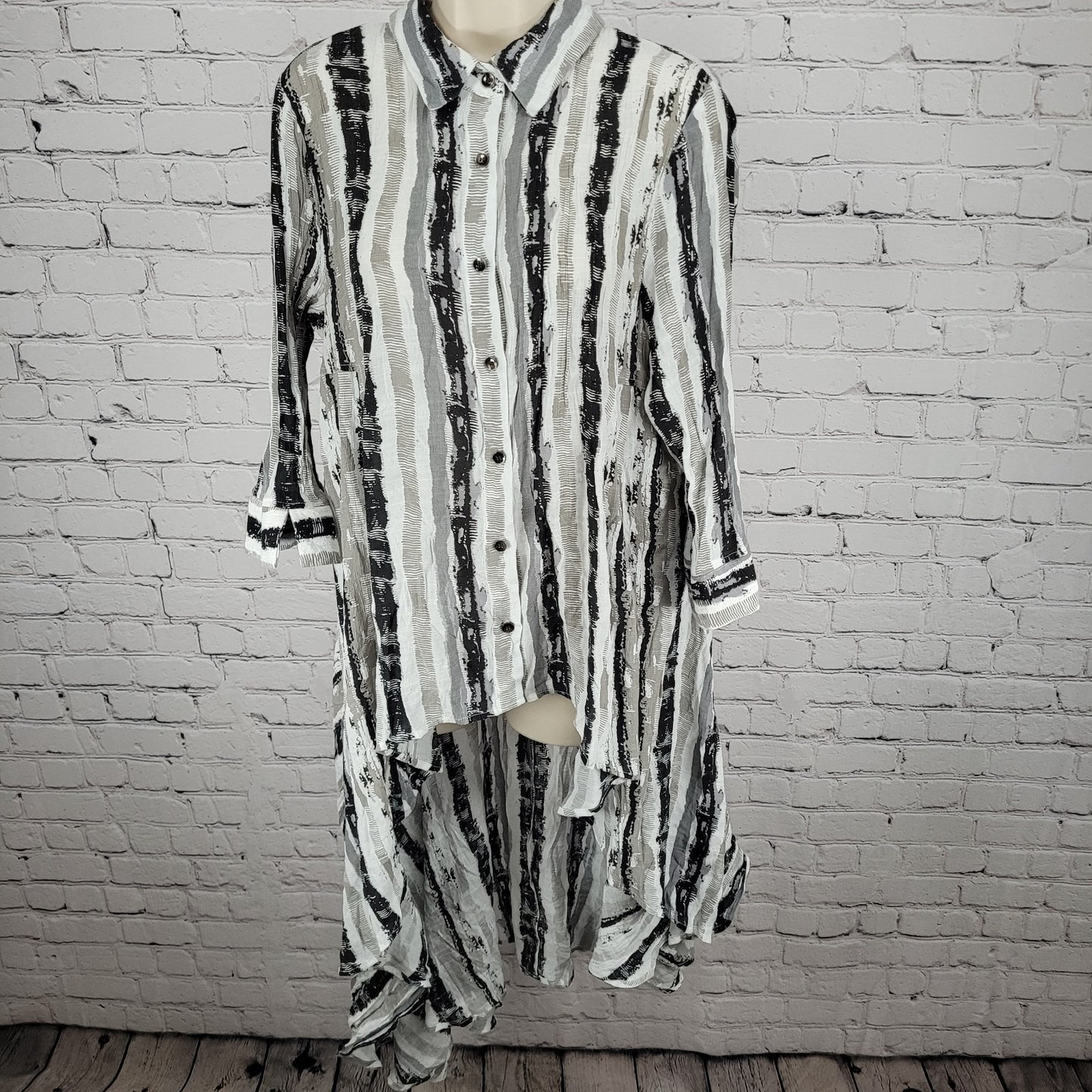 Patrizia Luca Milano Grey Striped High Low Light Button Shirt Duster Dress XL