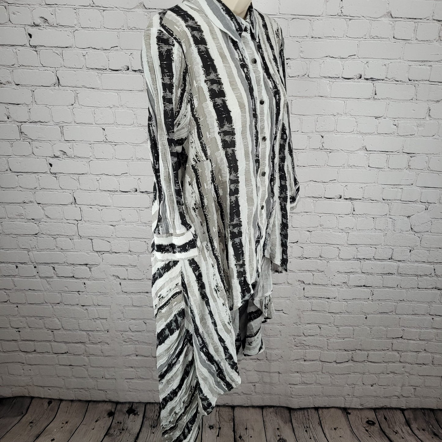 Patrizia Luca Milano Grey Striped High Low Light Button Shirt Duster Dress XL