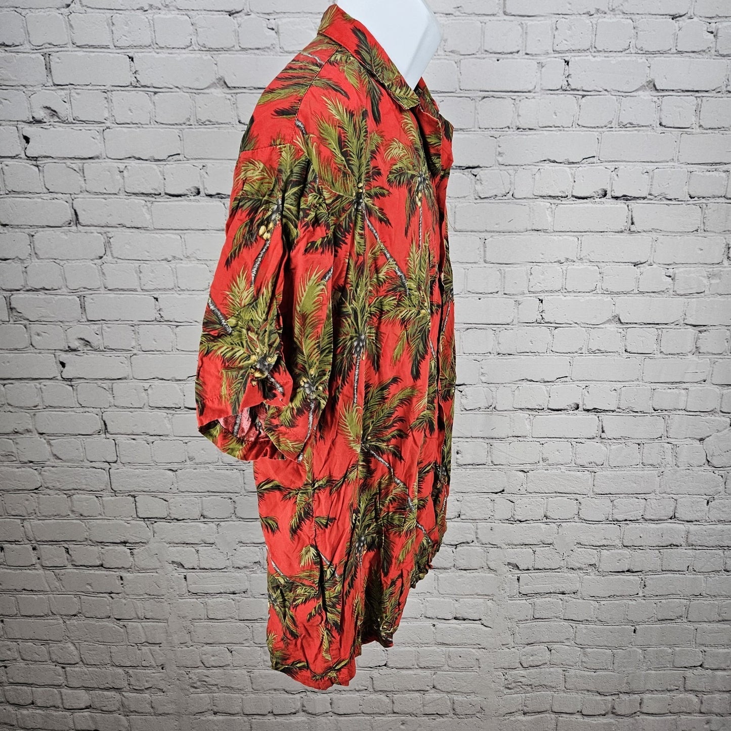 VTG Paradise Found Red Palm Tree Hawaiian Short Sleeve Button Up Shirt USA Large