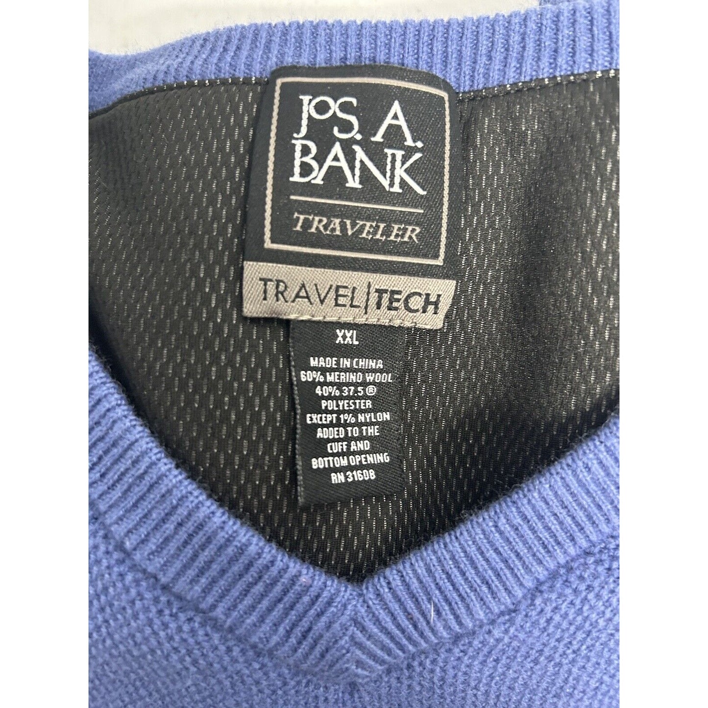 Jos A Bank Traveler Travel Tech Blue Sweater Merino Wool Blend Pullover XXL