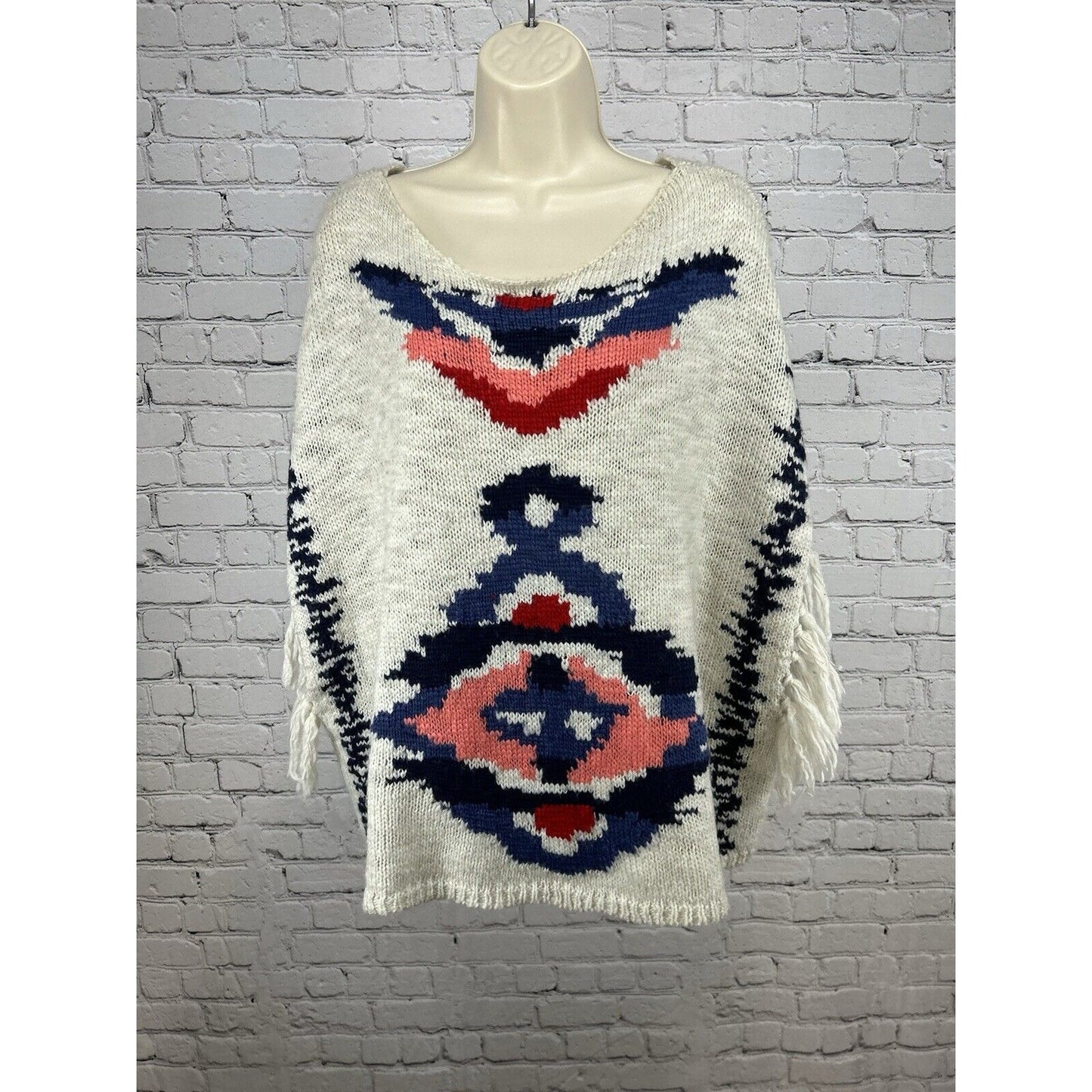 Aerie Wool Blend White Blue Fringe Pullover Tribal Knit Poncho Women’s Aerie L
