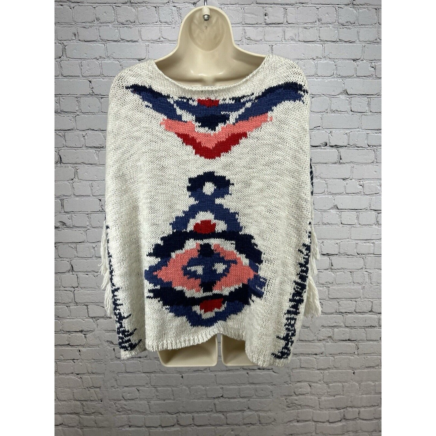 Aerie Wool Blend White Blue Fringe Pullover Tribal Knit Poncho Women’s Aerie L