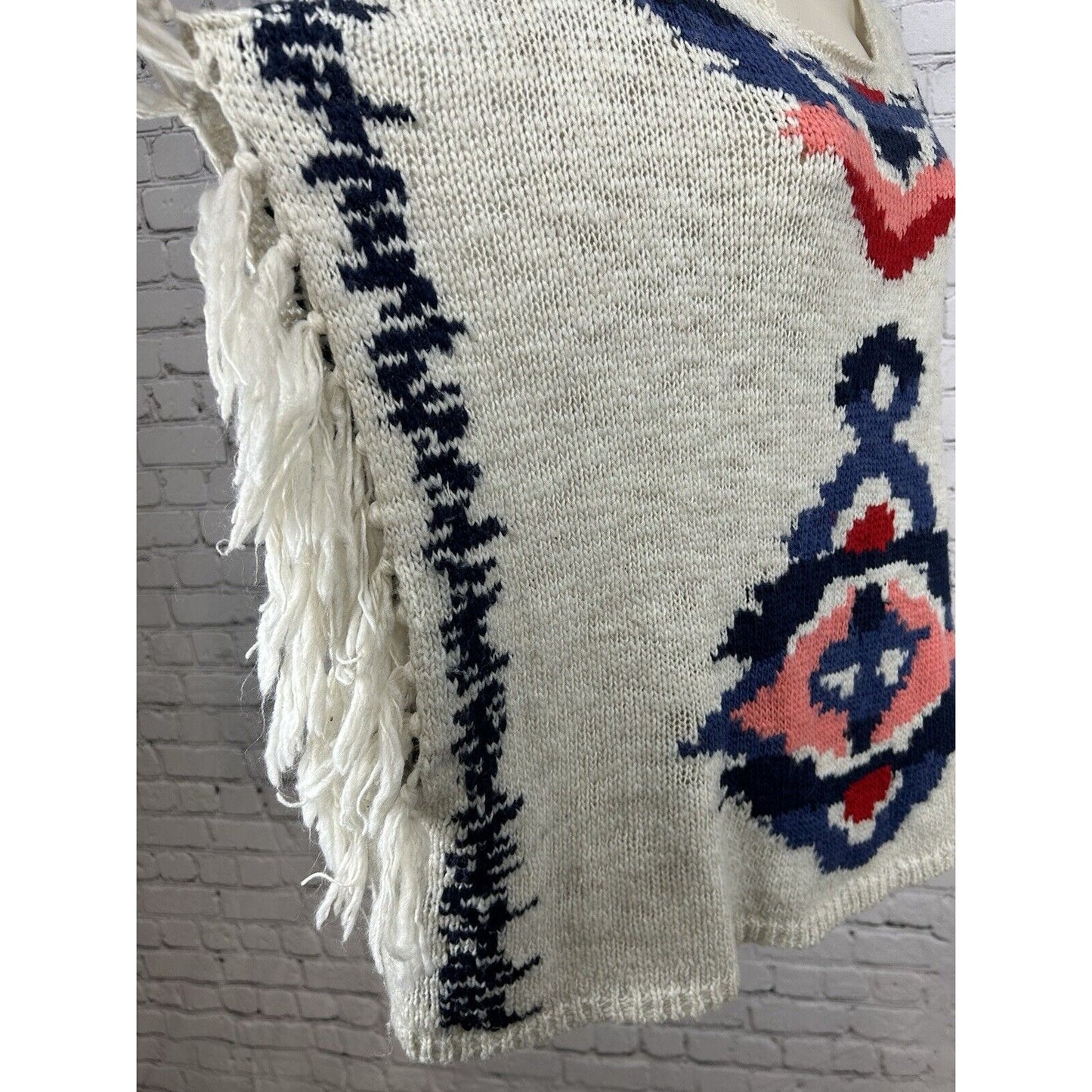 Aerie Wool Blend White Blue Fringe Pullover Tribal Knit Poncho Women’s Aerie L