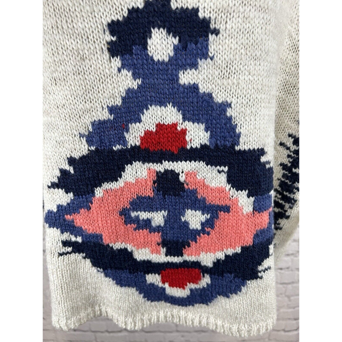 Aerie Wool Blend White Blue Fringe Pullover Tribal Knit Poncho Women’s Aerie L