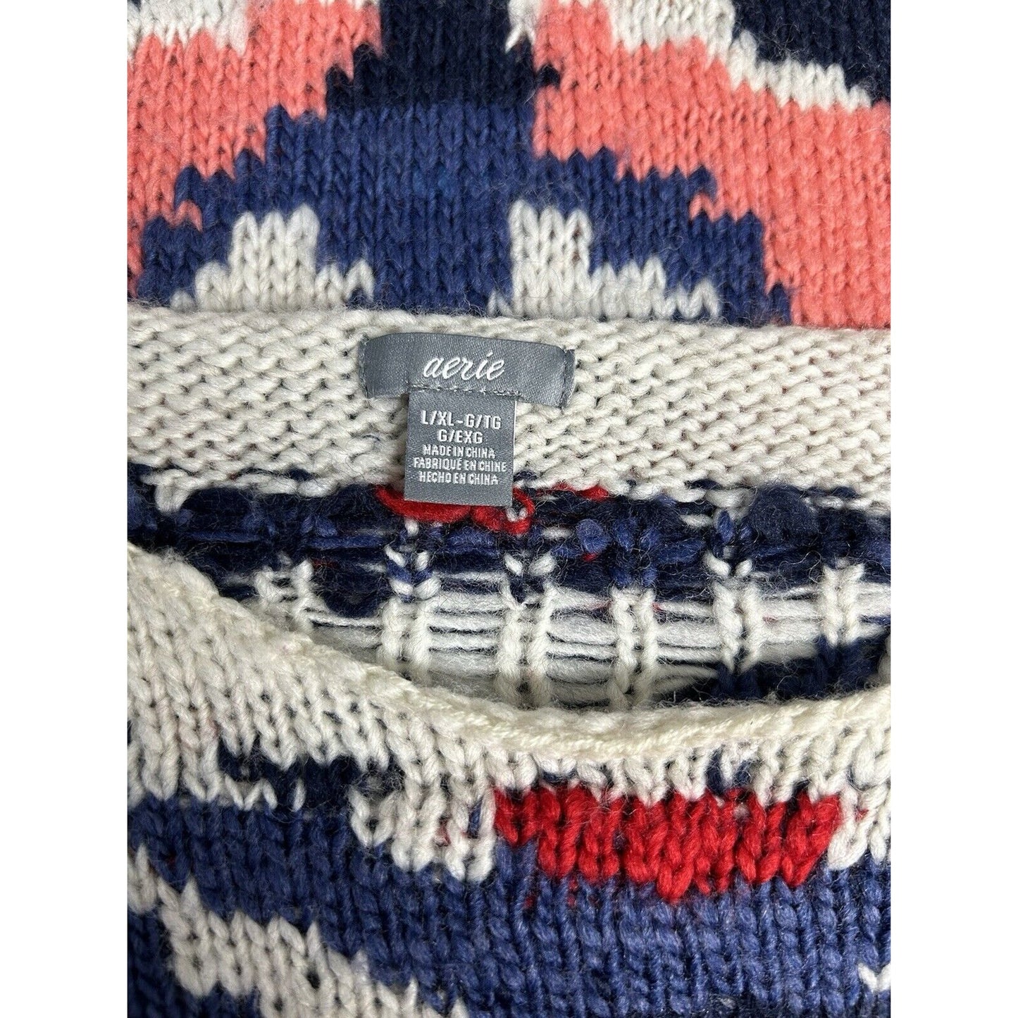 Aerie Wool Blend White Blue Fringe Pullover Tribal Knit Poncho Women’s Aerie L