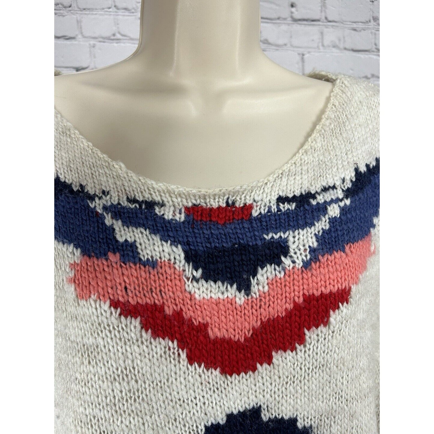 Aerie Wool Blend White Blue Fringe Pullover Tribal Knit Poncho Women’s Aerie L