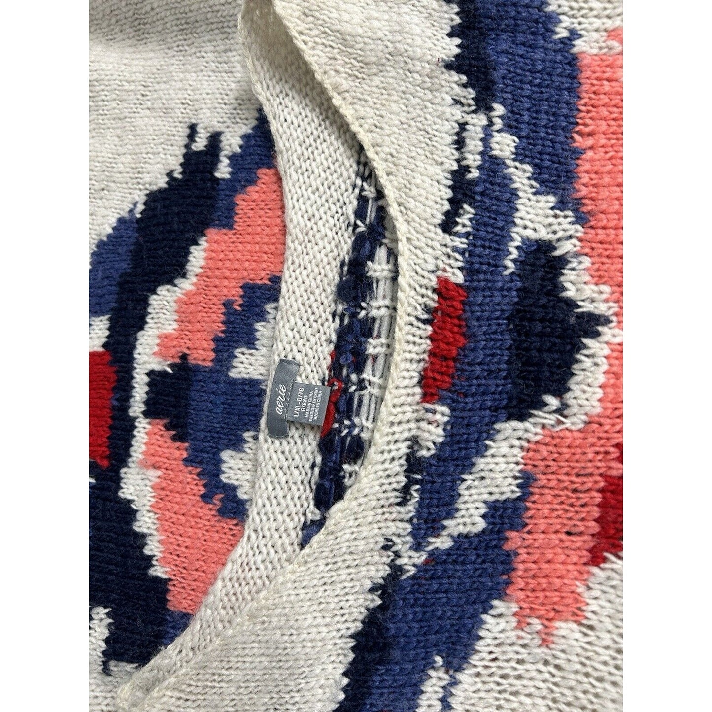 Aerie Wool Blend White Blue Fringe Pullover Tribal Knit Poncho Women’s Aerie L