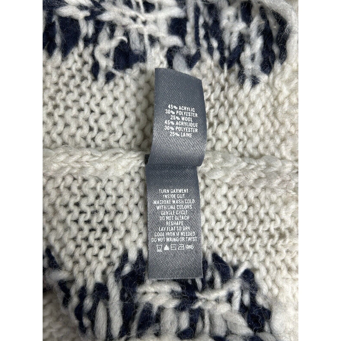 Aerie Wool Blend White Blue Fringe Pullover Tribal Knit Poncho Women’s Aerie L