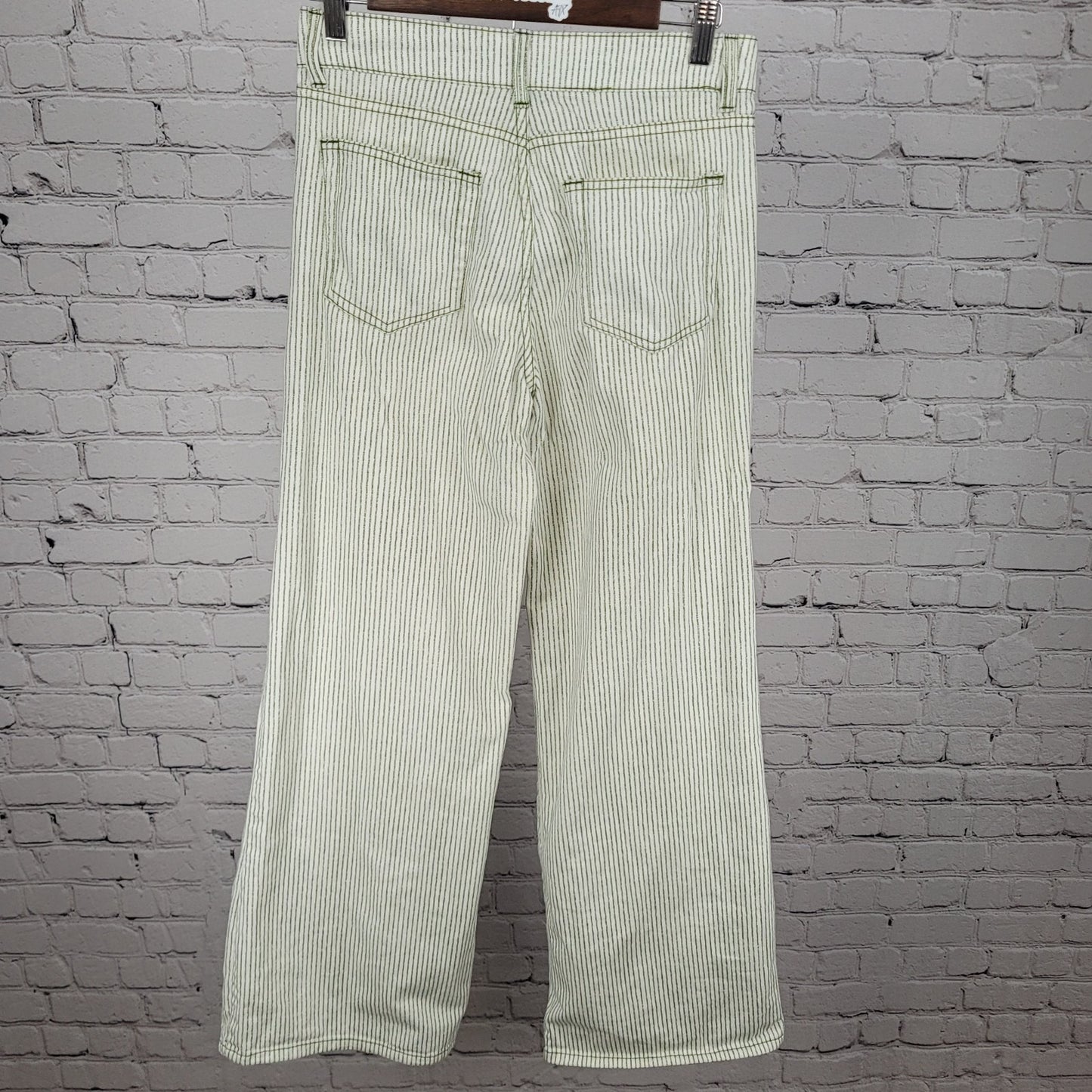 Zara Ivory & Green Striped 100% Cotton Wide Leg High Rise Pants Size 2 (27x30)