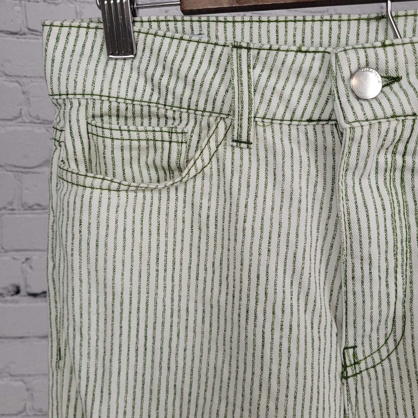 Zara Ivory & Green Striped 100% Cotton Wide Leg High Rise Pants Size 2 (27x30)