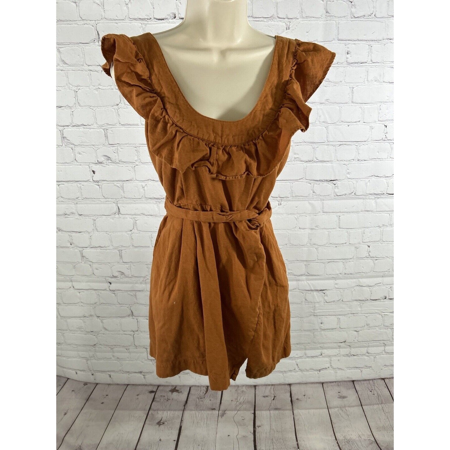 Free People Orange Linen Cotton Racerback Ruffle Neckline Faux Wrap Mini Dress S
