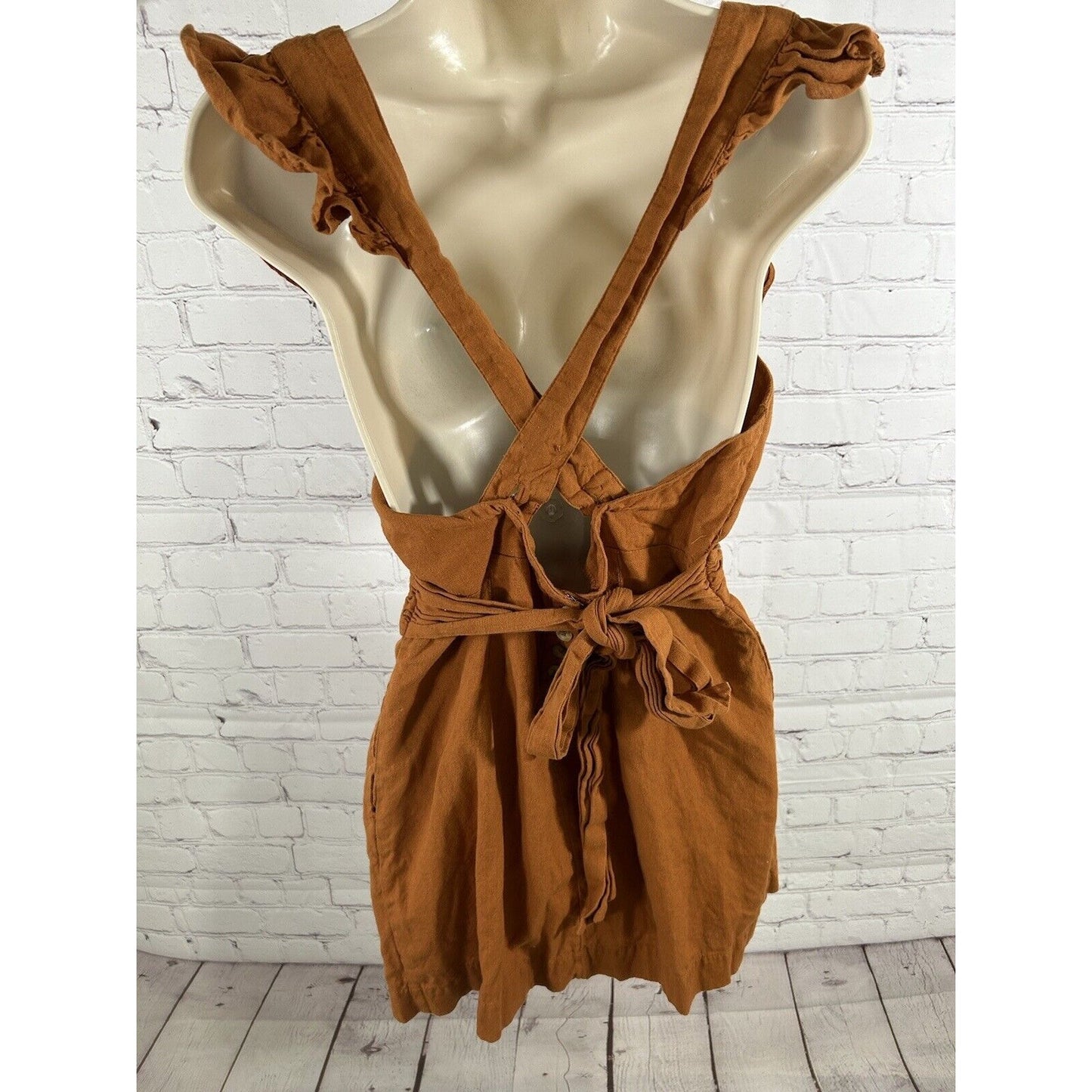 Free People Orange Linen Cotton Racerback Ruffle Neckline Faux Wrap Mini Dress S