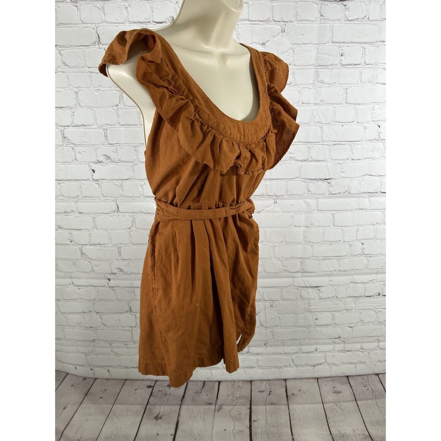 Free People Orange Linen Cotton Racerback Ruffle Neckline Faux Wrap Mini Dress S
