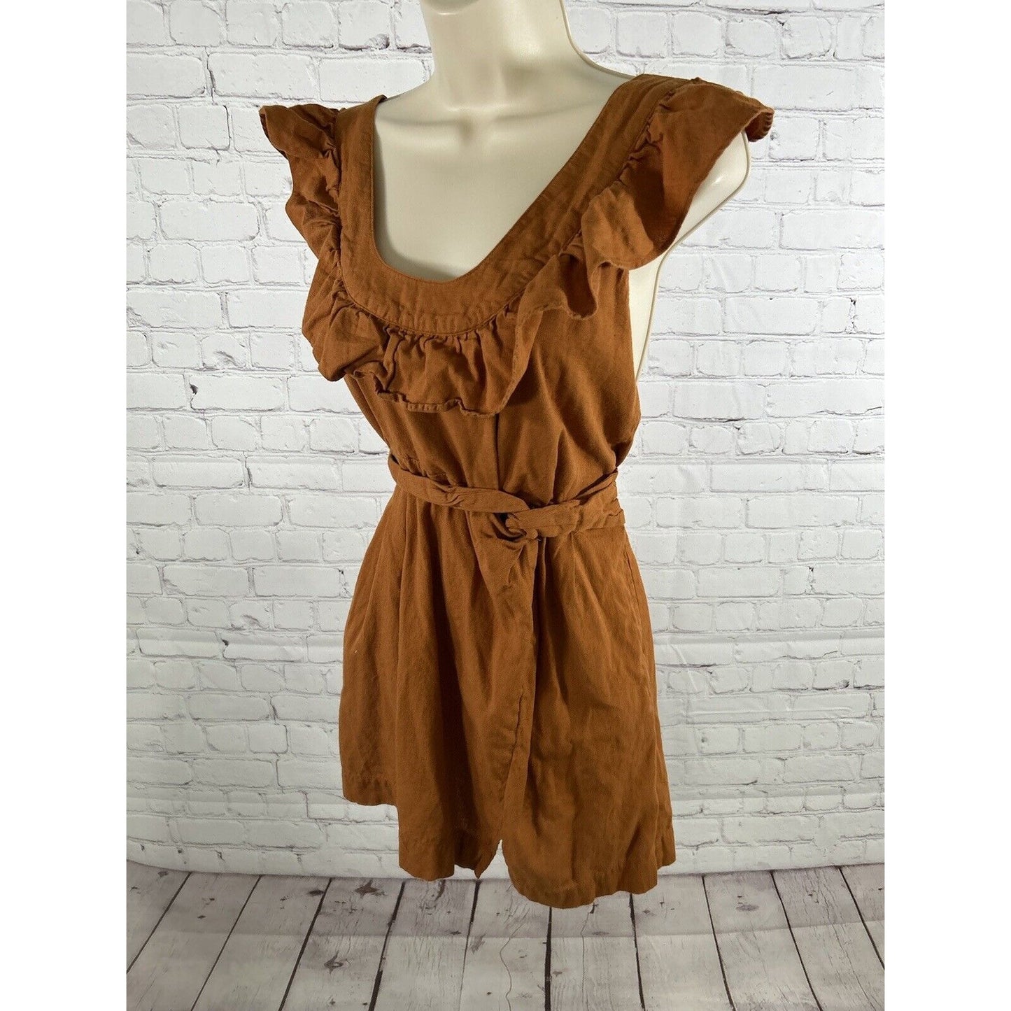 Free People Orange Linen Cotton Racerback Ruffle Neckline Faux Wrap Mini Dress S