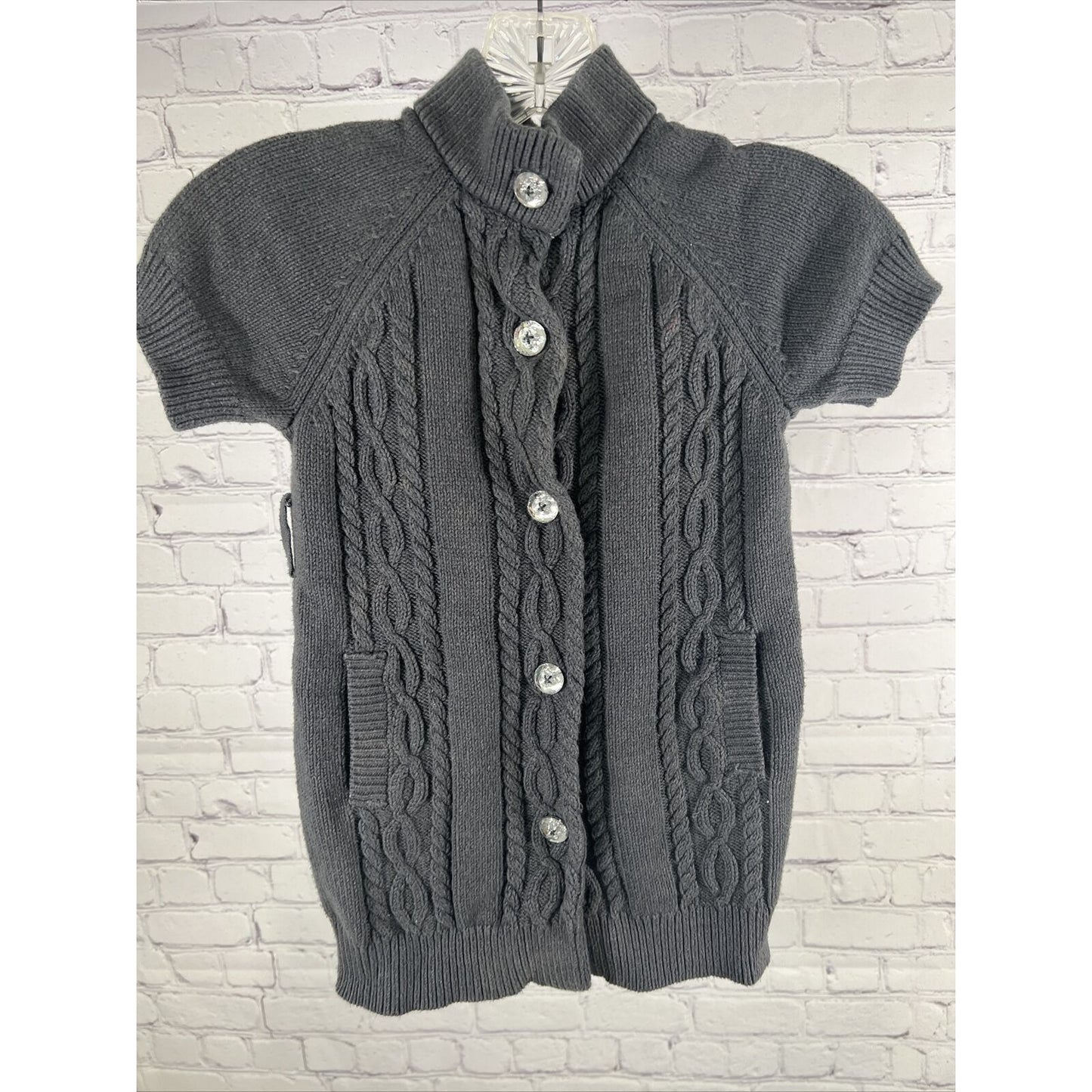 Gymboree Girls Gray Cable Knit Sweater Dress Shiny Buttons Size XS 3-4