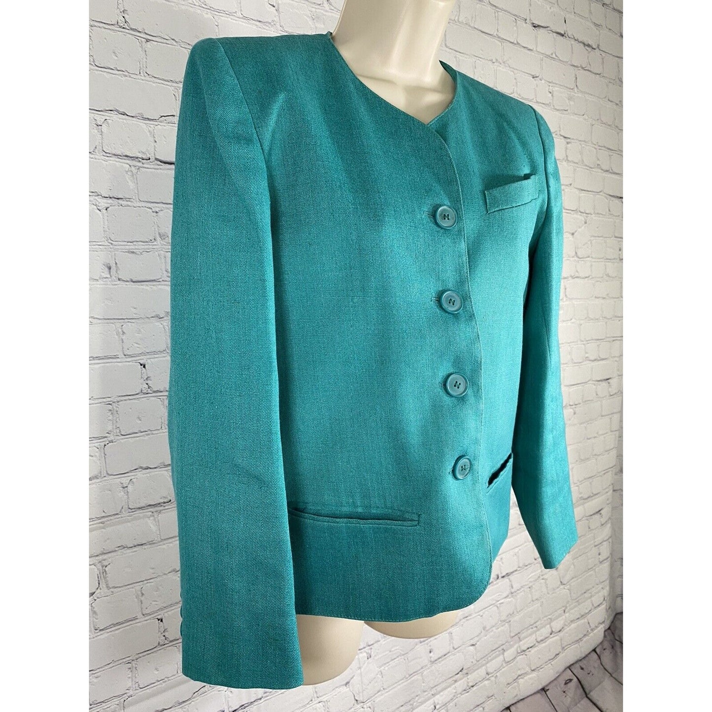 Vintage Jay Jacobs Teal Linen Blend 4 Button Jacket Blazer Pockets Womens 10