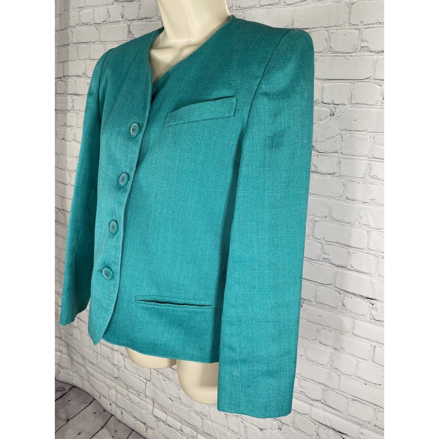 Vintage Jay Jacobs Teal Linen Blend 4 Button Jacket Blazer Pockets Womens 10