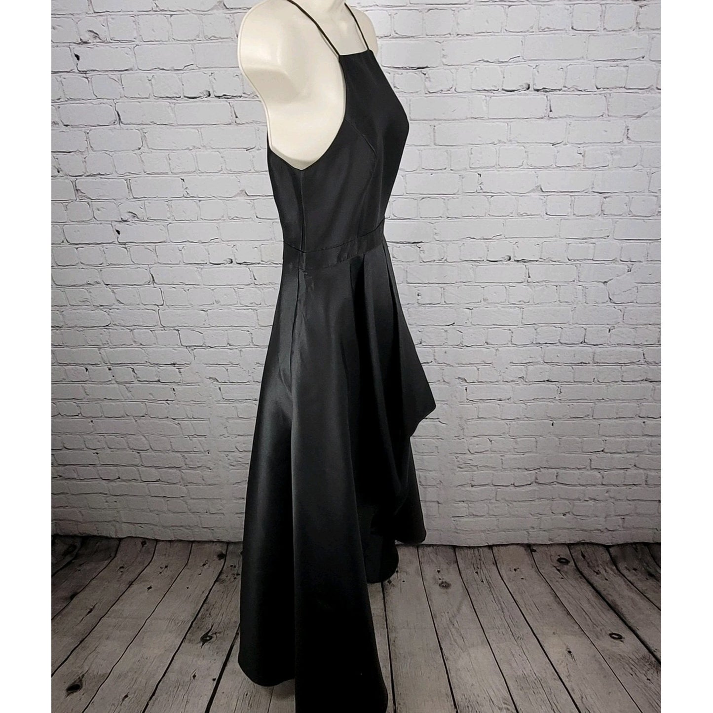 Lulus Black Satin High Neck Strappy High Low A-Line Flowy Cocktail Dress Gown XS