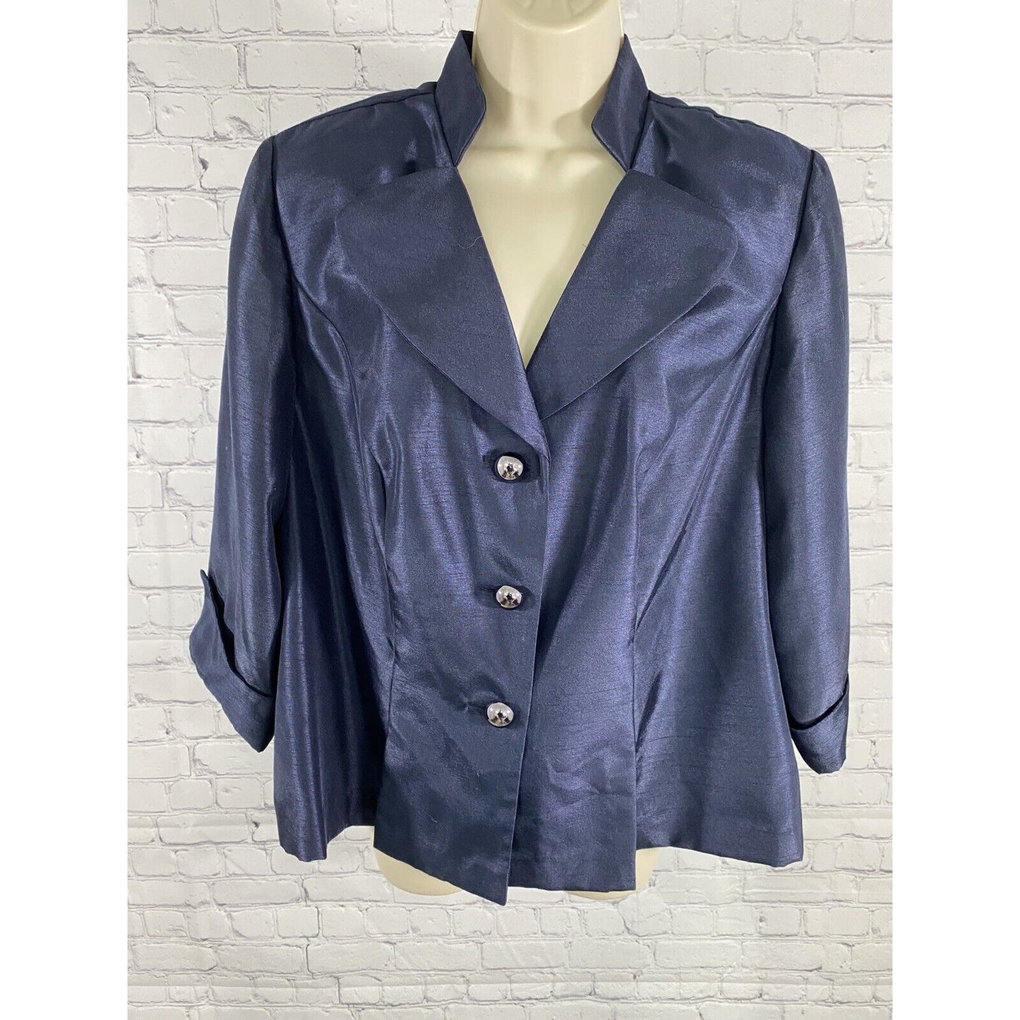Dana Kay Dark Blue Metallic Button Collared Long Sleeve Blouse Shoulder Pads 14W