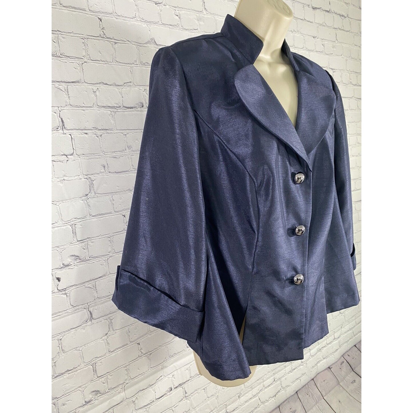 Dana Kay Dark Blue Metallic Button Collared Long Sleeve Blouse Shoulder Pads 14W