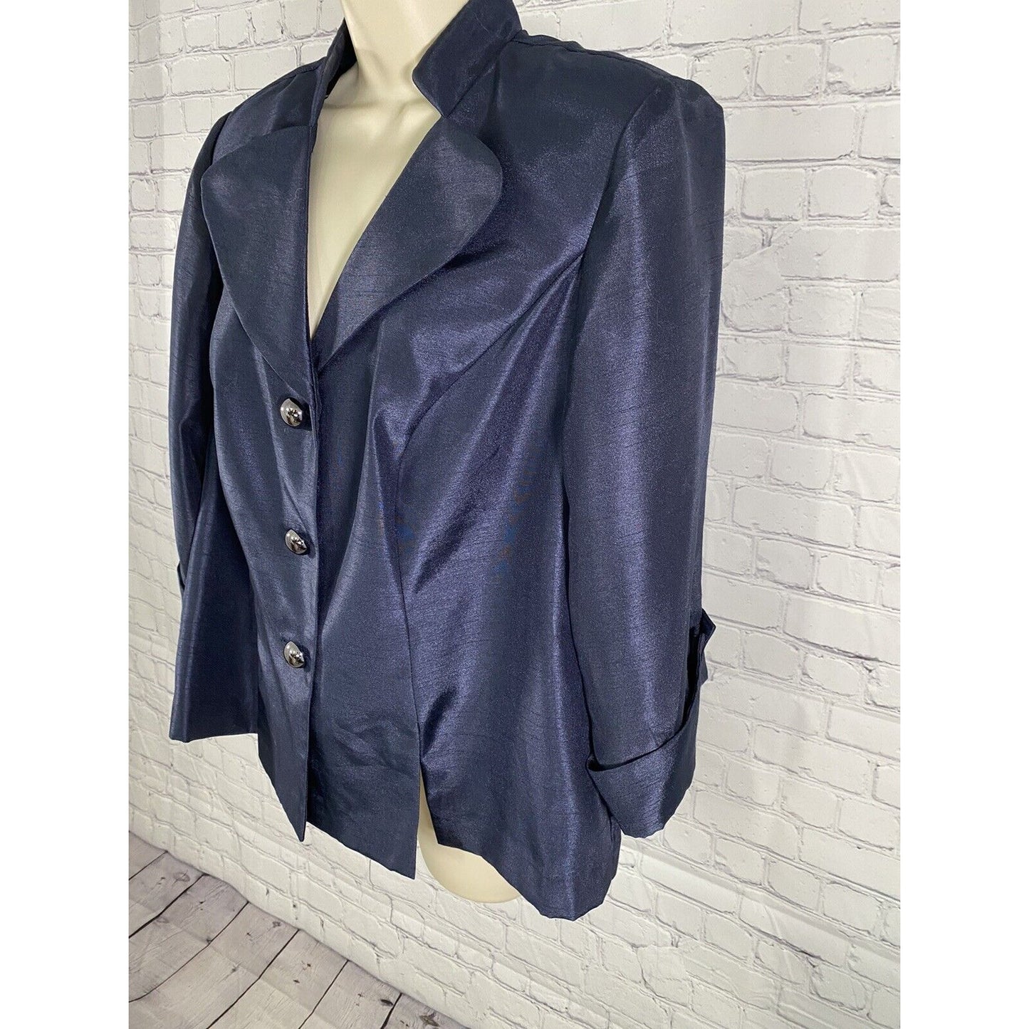 Dana Kay Dark Blue Metallic Button Collared Long Sleeve Blouse Shoulder Pads 14W