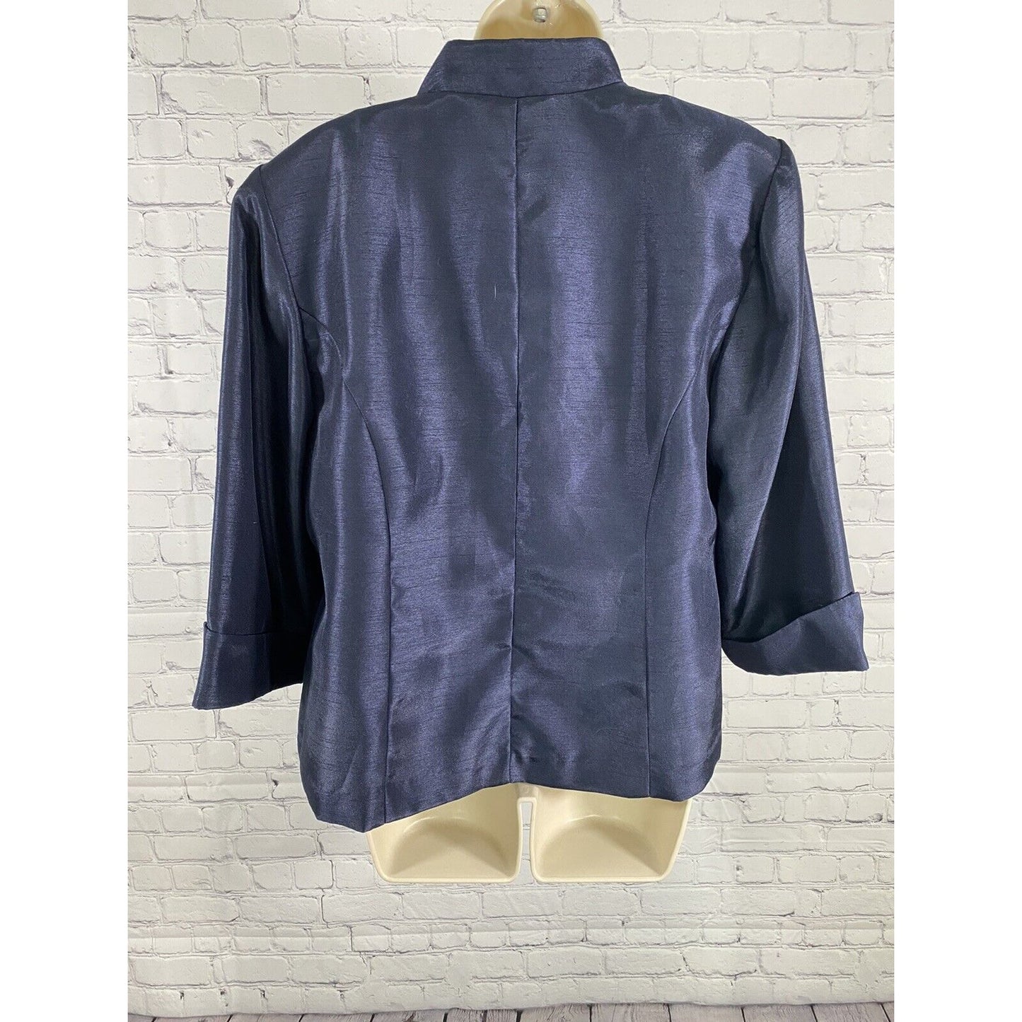 Dana Kay Dark Blue Metallic Button Collared Long Sleeve Blouse Shoulder Pads 14W