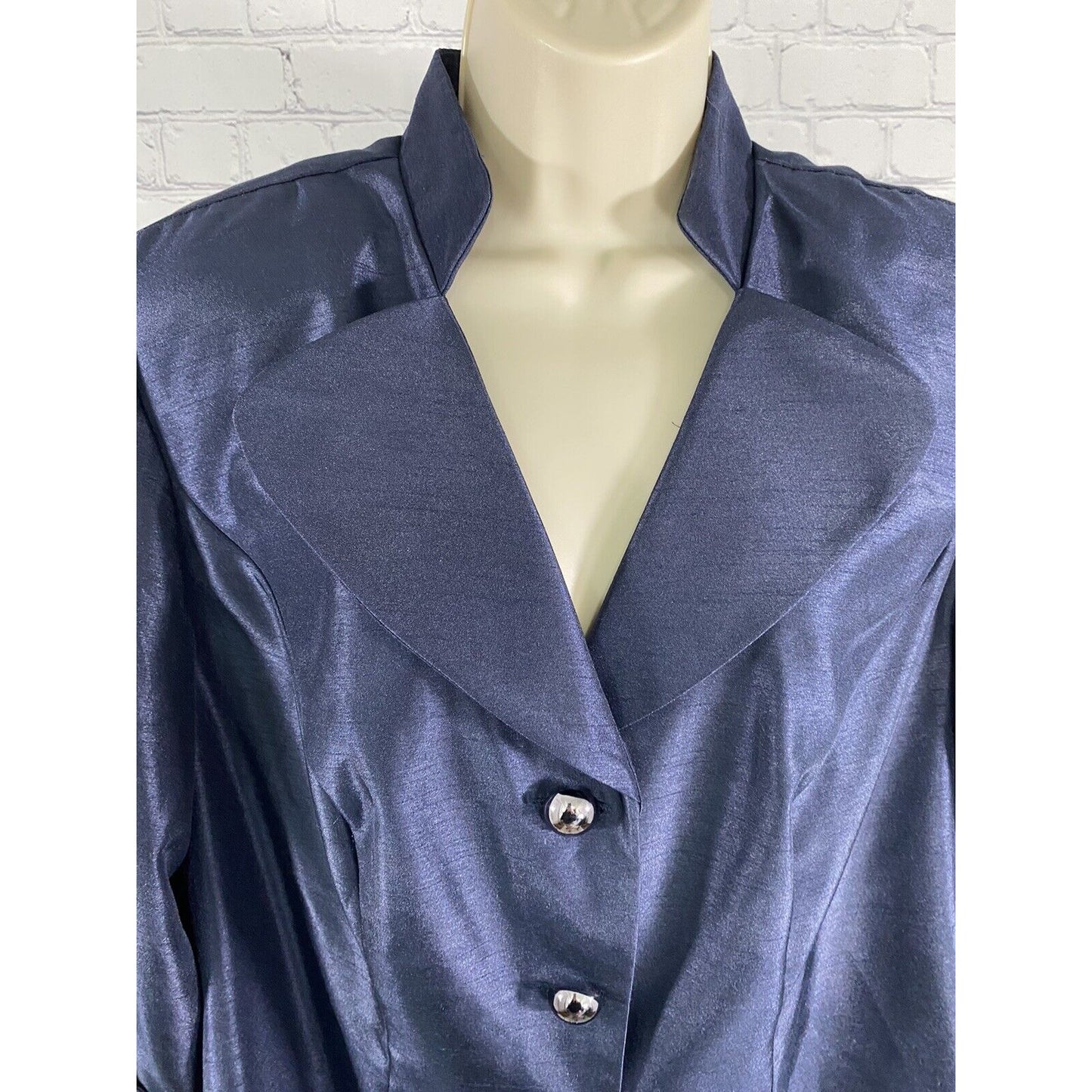 Dana Kay Dark Blue Metallic Button Collared Long Sleeve Blouse Shoulder Pads 14W