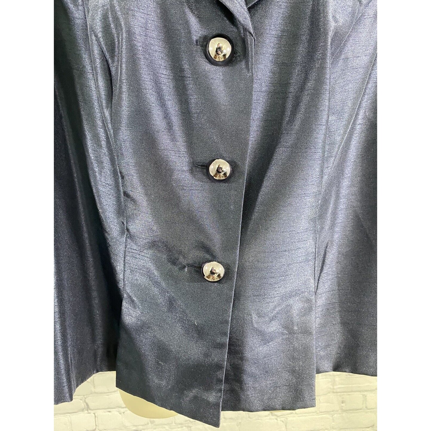 Dana Kay Dark Blue Metallic Button Collared Long Sleeve Blouse Shoulder Pads 14W