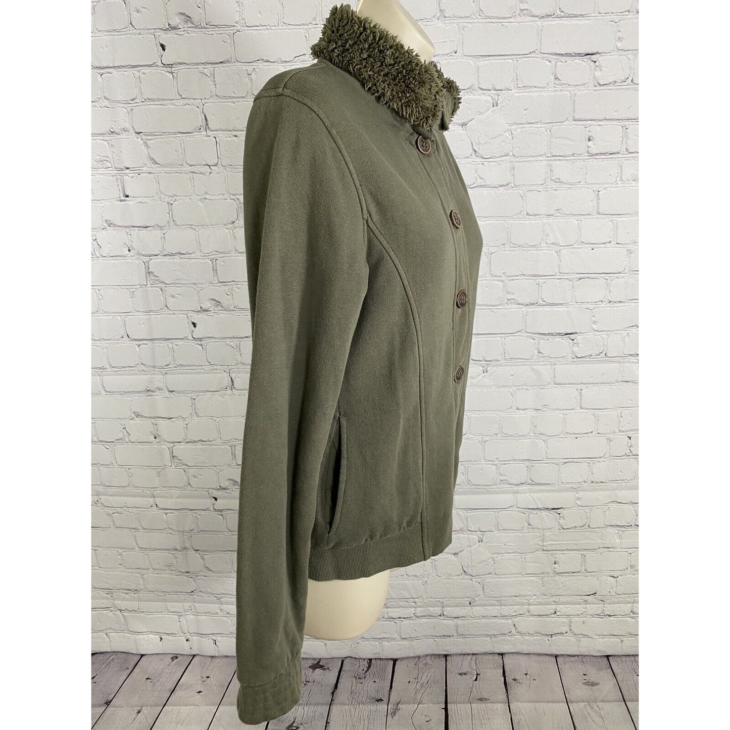 ROXY Green Long Sleeve Fuzzy Lined High Neck W Pockets Button Up Jacket S Small