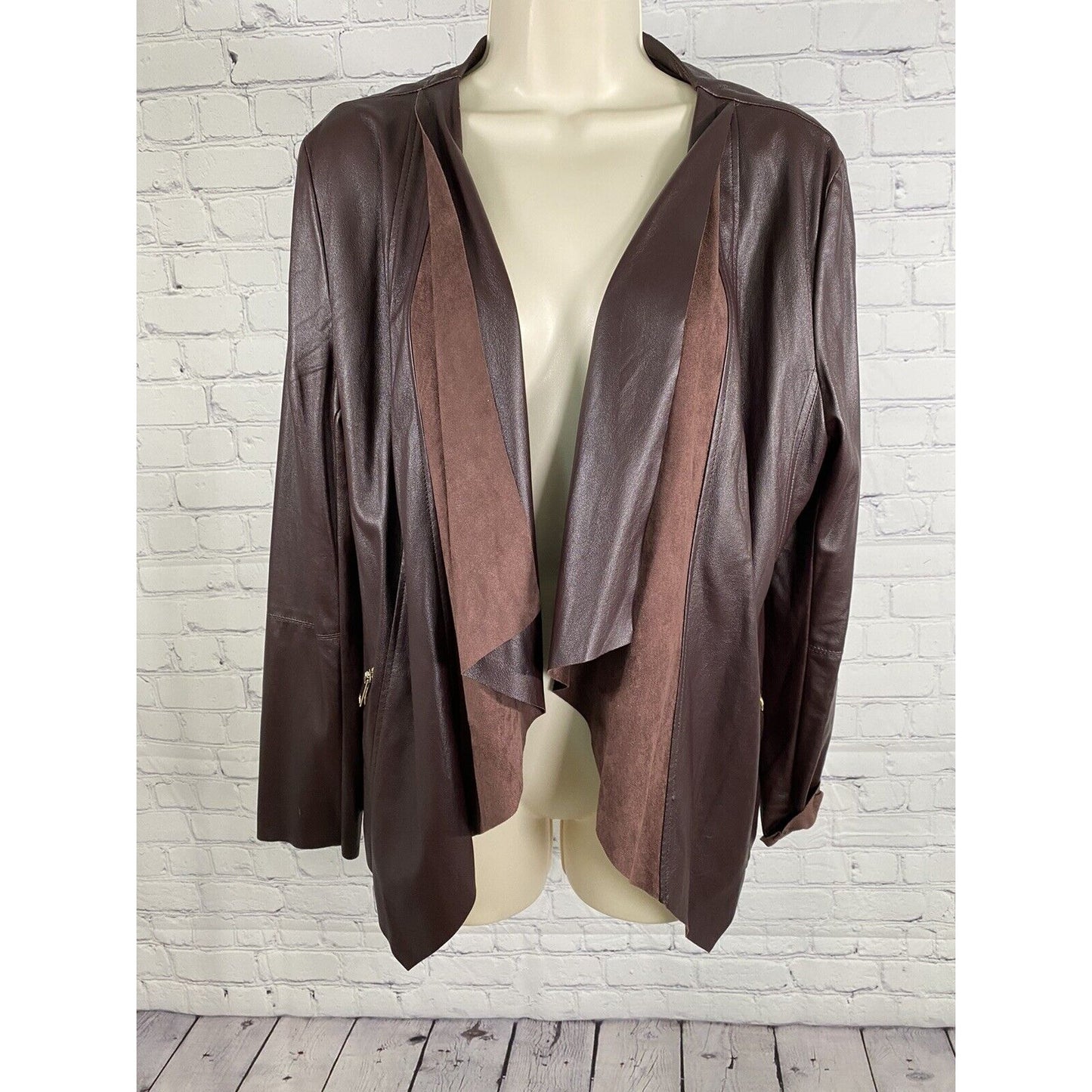 Dolce Cabo Brown Open Drapey Front Soft Vegan Leather Zipper Pockets Jacket M