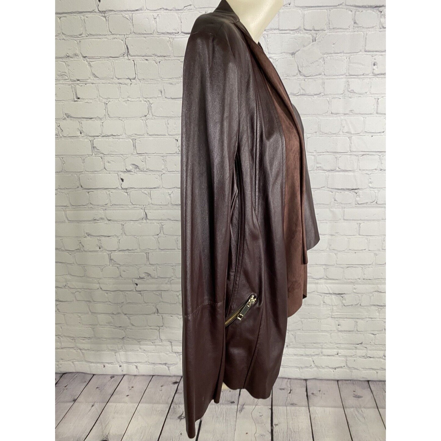 Dolce Cabo Brown Open Drapey Front Soft Vegan Leather Zipper Pockets Jacket M
