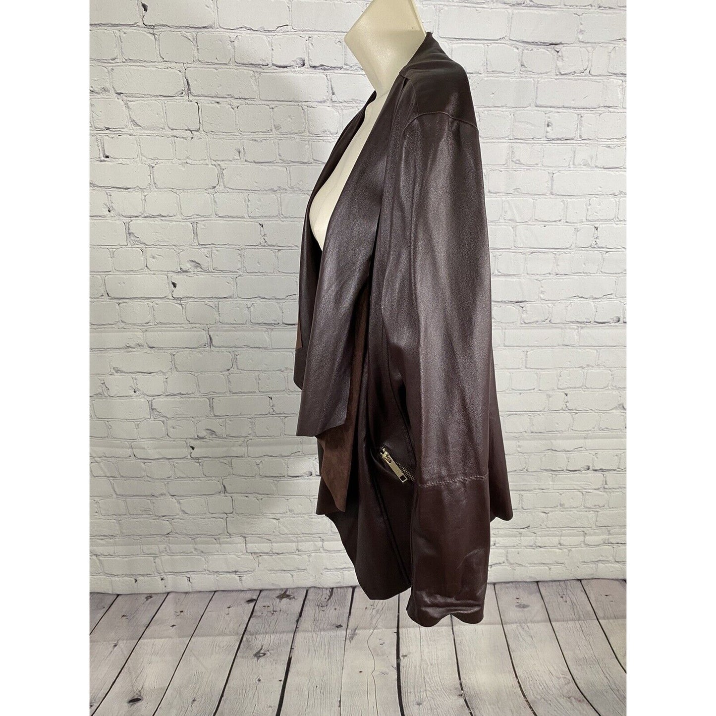 Dolce Cabo Brown Open Drapey Front Soft Vegan Leather Zipper Pockets Jacket M