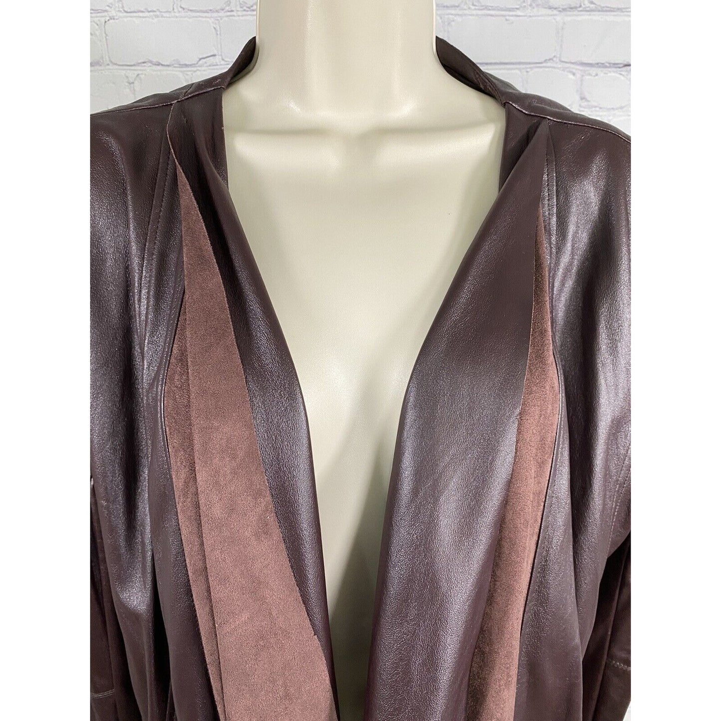 Dolce Cabo Brown Open Drapey Front Soft Vegan Leather Zipper Pockets Jacket M
