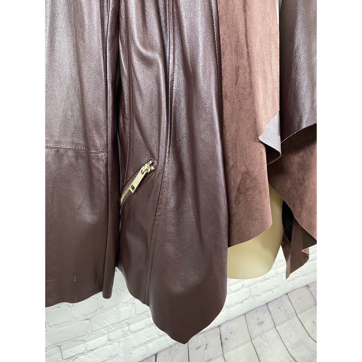 Dolce Cabo Brown Open Drapey Front Soft Vegan Leather Zipper Pockets Jacket M